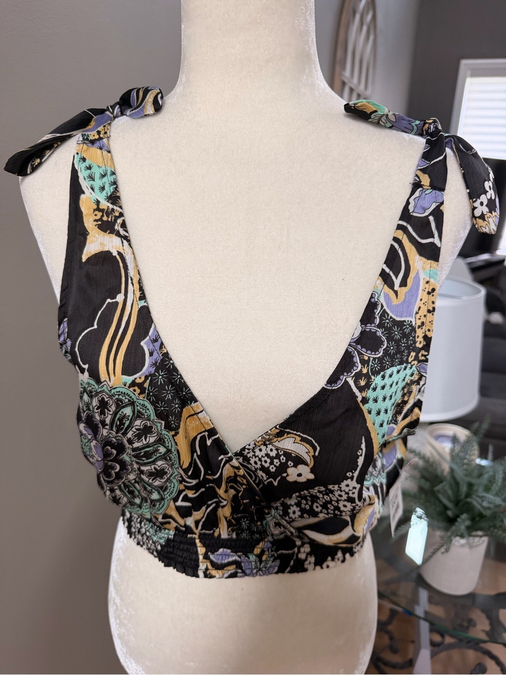 Women’s Boho Tie Strap Crop Top | Black Multi Print | Size S
